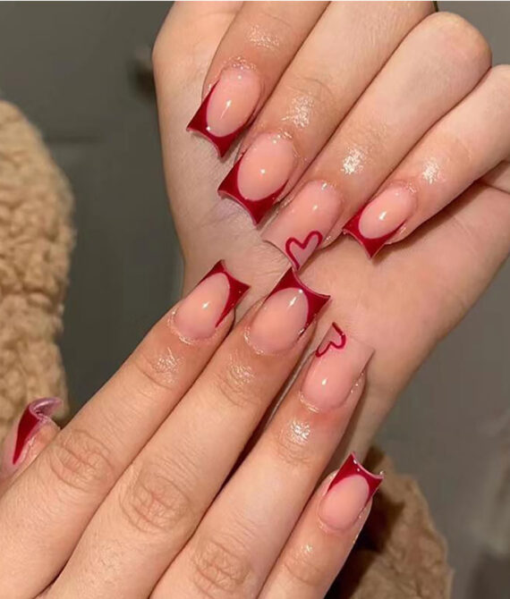 Wine Red French Tip Heart Nails – 24 pcs
