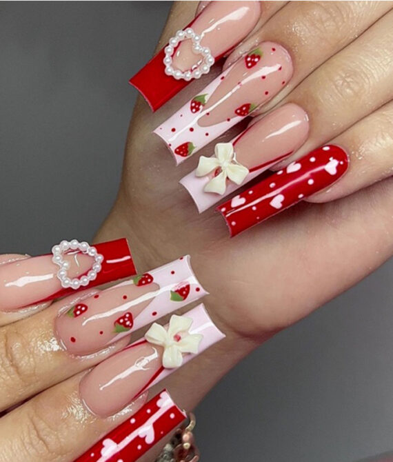 Cute Strawberry & Bow Nail Art – Long Square Tips