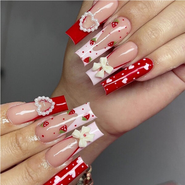 Cute Strawberry & Bow Nail Art – Long Square Tips